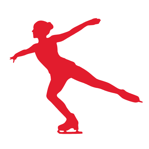 A red graphic silhouette of a figure skater.