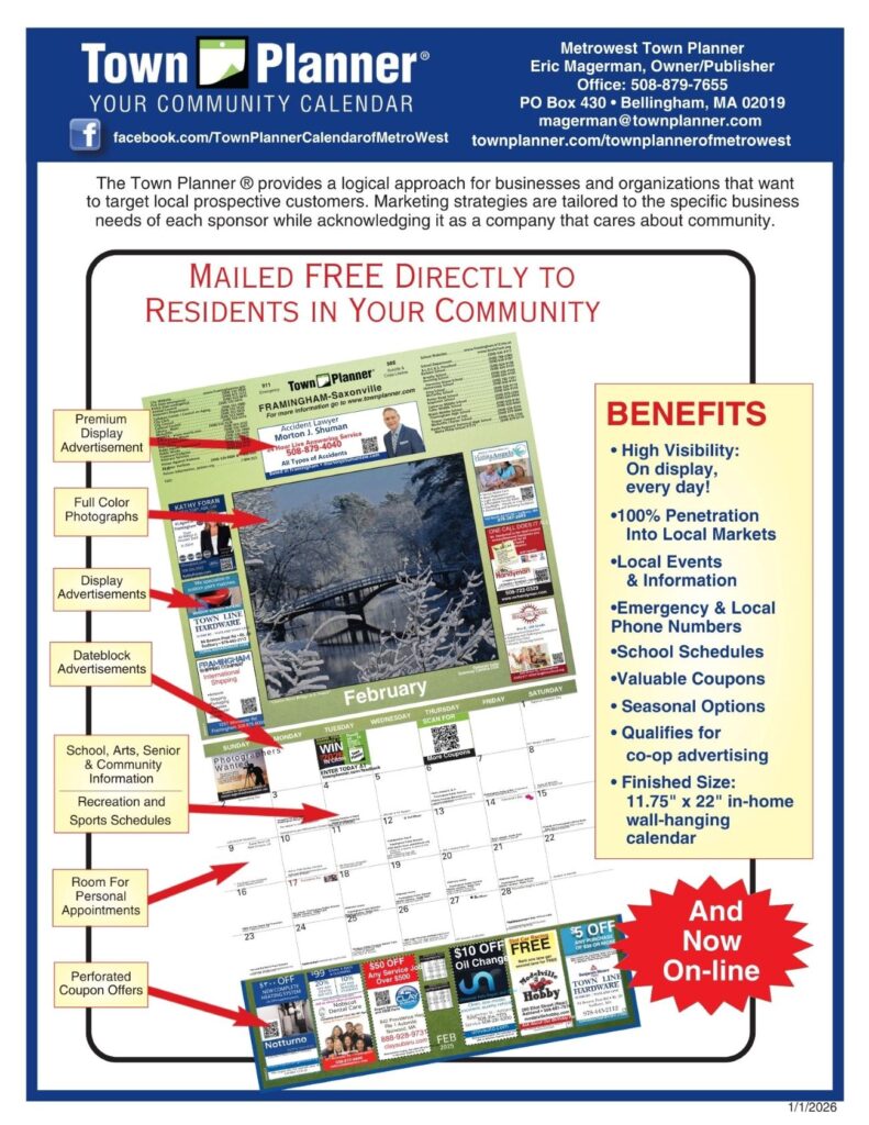 A PDF of the Metrowest Town Planner Calendar with the advertising options pointed out.