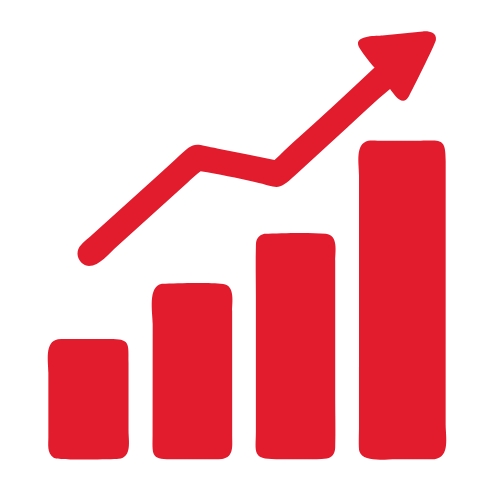 A red graphic of a bar graph that is steadily increasing and a line arrow showing the increase.
