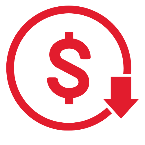 A red graphic with a "$" surrounded by a circle and an arrow pointing down.