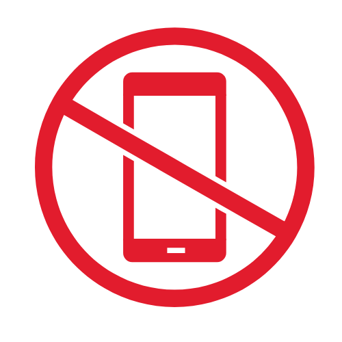 A red graphic displaying a smart phone outline with a circle with a slash through it to denote "no distractions".