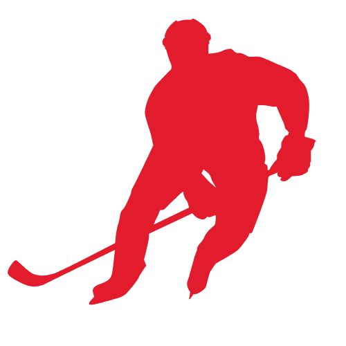a red graphic of a hockey player skating.