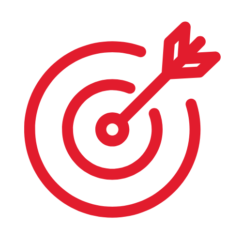 A red graphic of a target with an arrow that has hit the bullseye.