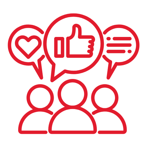 A red graphic of three people having a positive discussion.