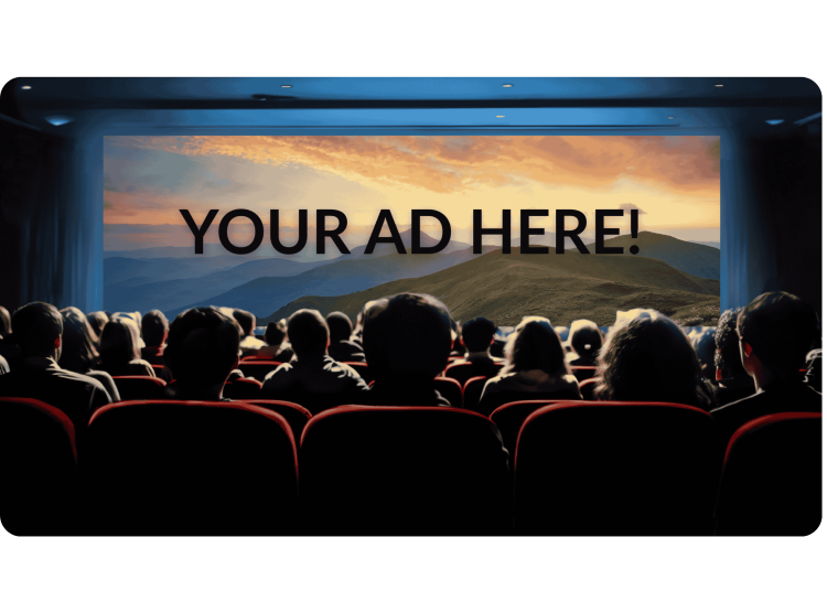 An audience at a movie theater looks intently at a screen with a landscape image on it and the words "Your Ad Here!"